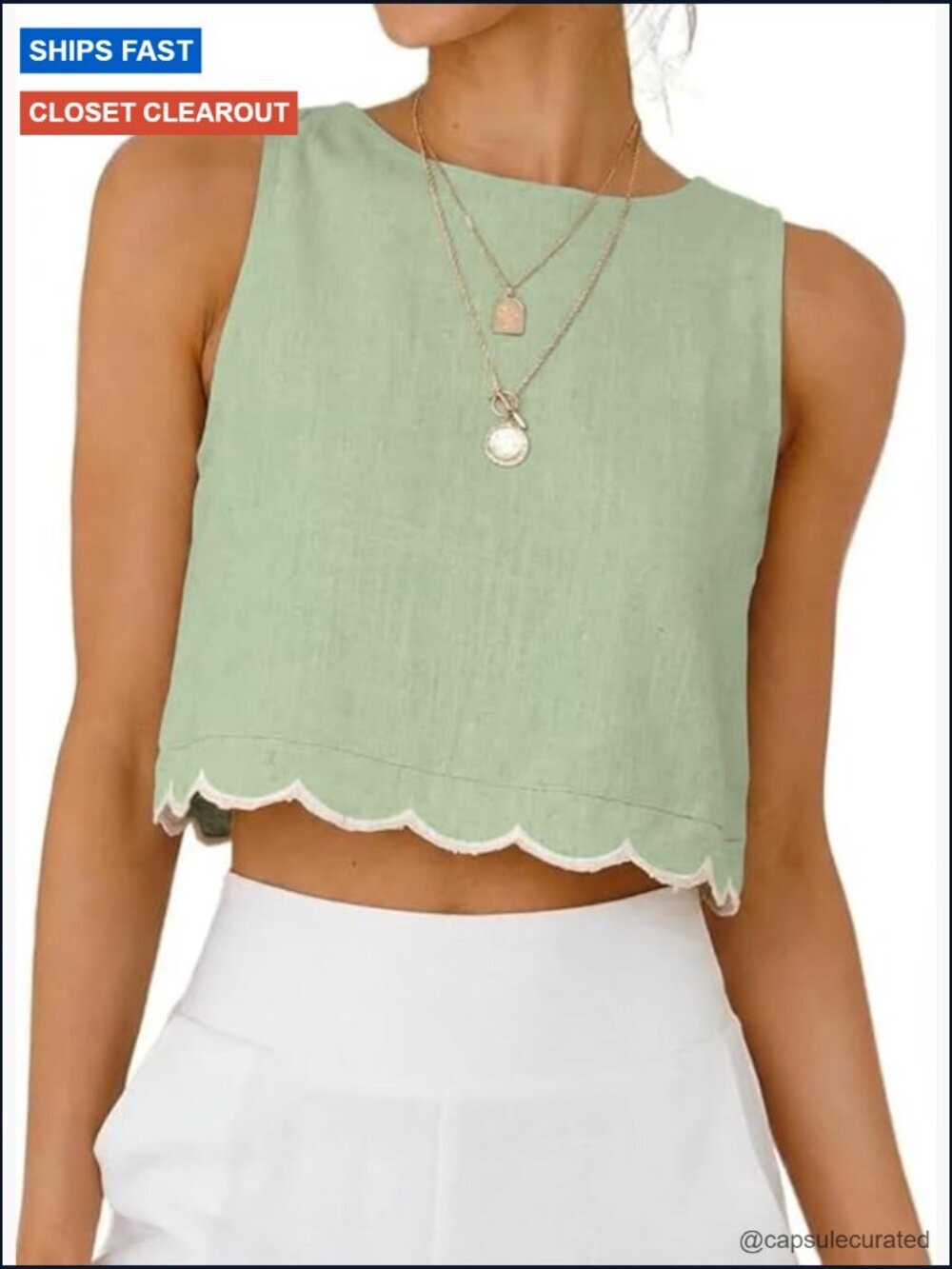 High Neck Linen Tank Top Scallop Hem Cropped Sleeveless Summer Blouse
